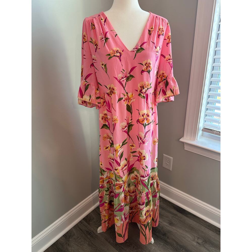 London Style Pink Floral Midi Dress Size 12 Tropical Boho Resort Vacation Summer